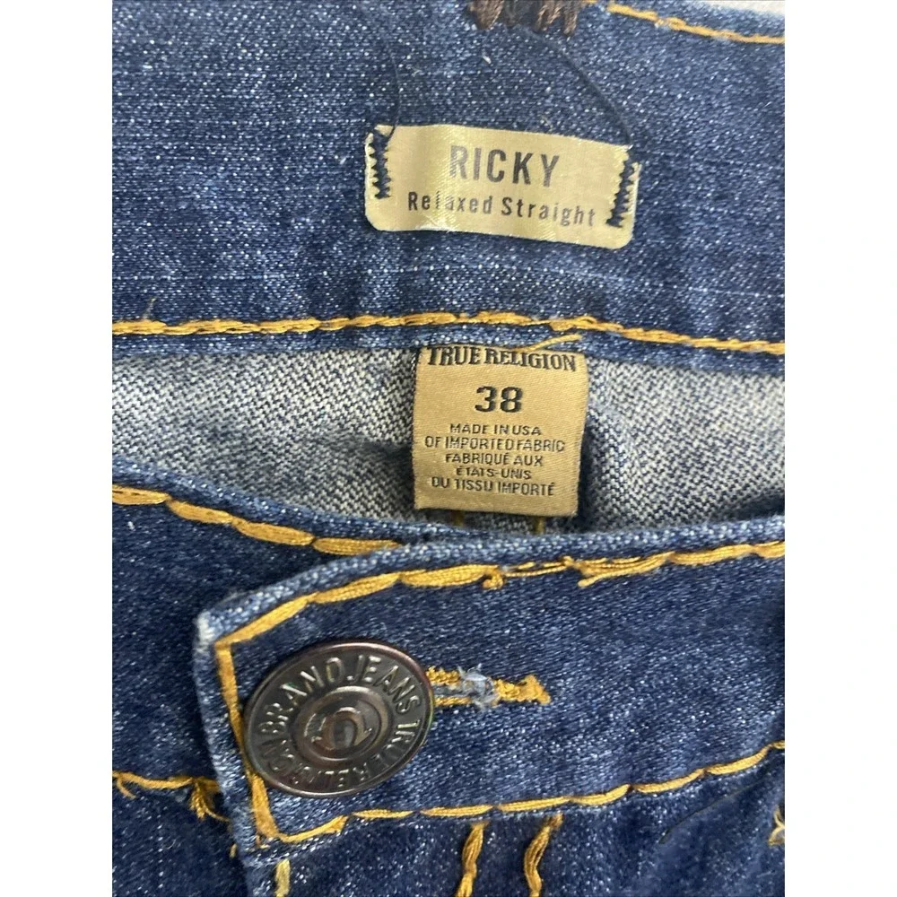 True Religion USA Men's Blue Denim Jeans Relaxed Straight 38x32 Thick Stitch
